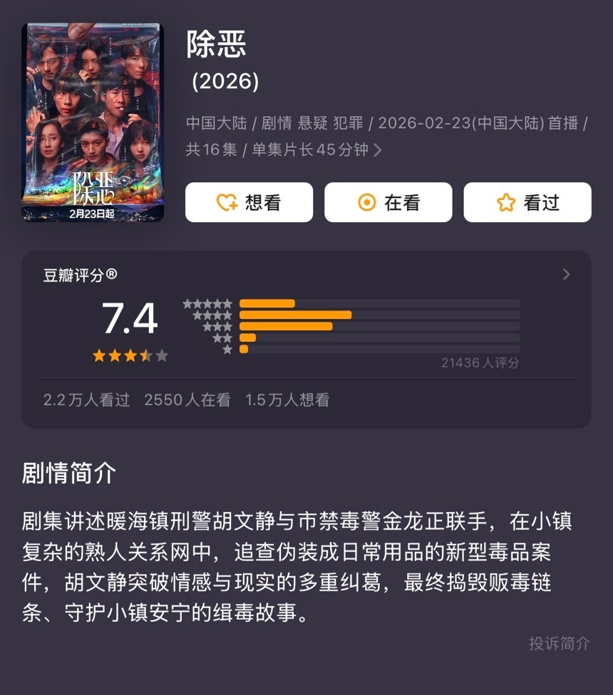 近期多部电视剧豆瓣开分：任素汐、王骁《除恶》7.4陈飞宇、孙千《纯真年代的爱情》