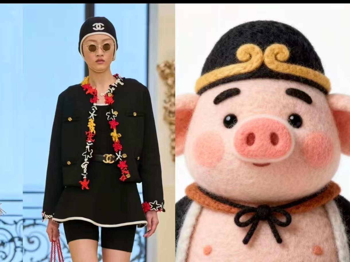图1左边香奈儿2027早春度假系列（之一），右边西游记。俺们老一辈的艺术家审美还