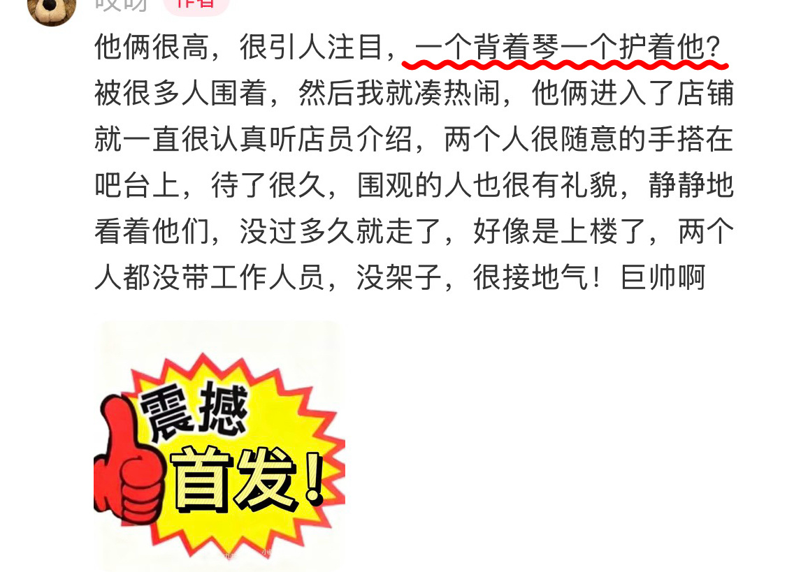 围观买手机的路人对他们的描述是：“一个背着琴 一个护着他” 