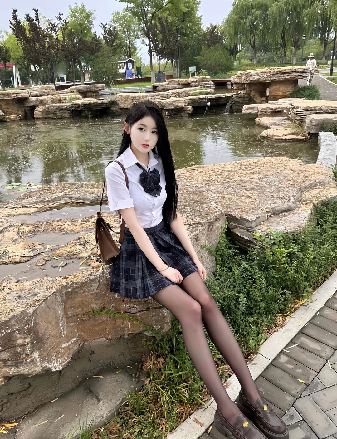 青春校园风，少女在公园石阶上，清新自然，背着小包，穿着校服，黑发飘逸，微笑动人。