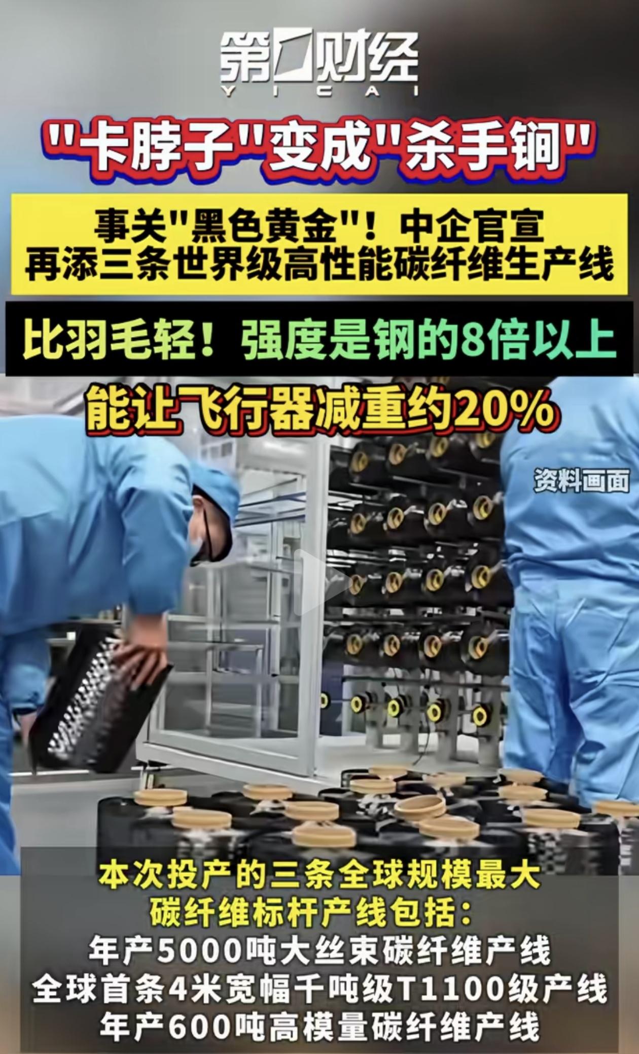 从“卡脖子”到“杀手锏”！中企再添三条世界级碳纤维产线，“黑色黄金”终于攥在中国