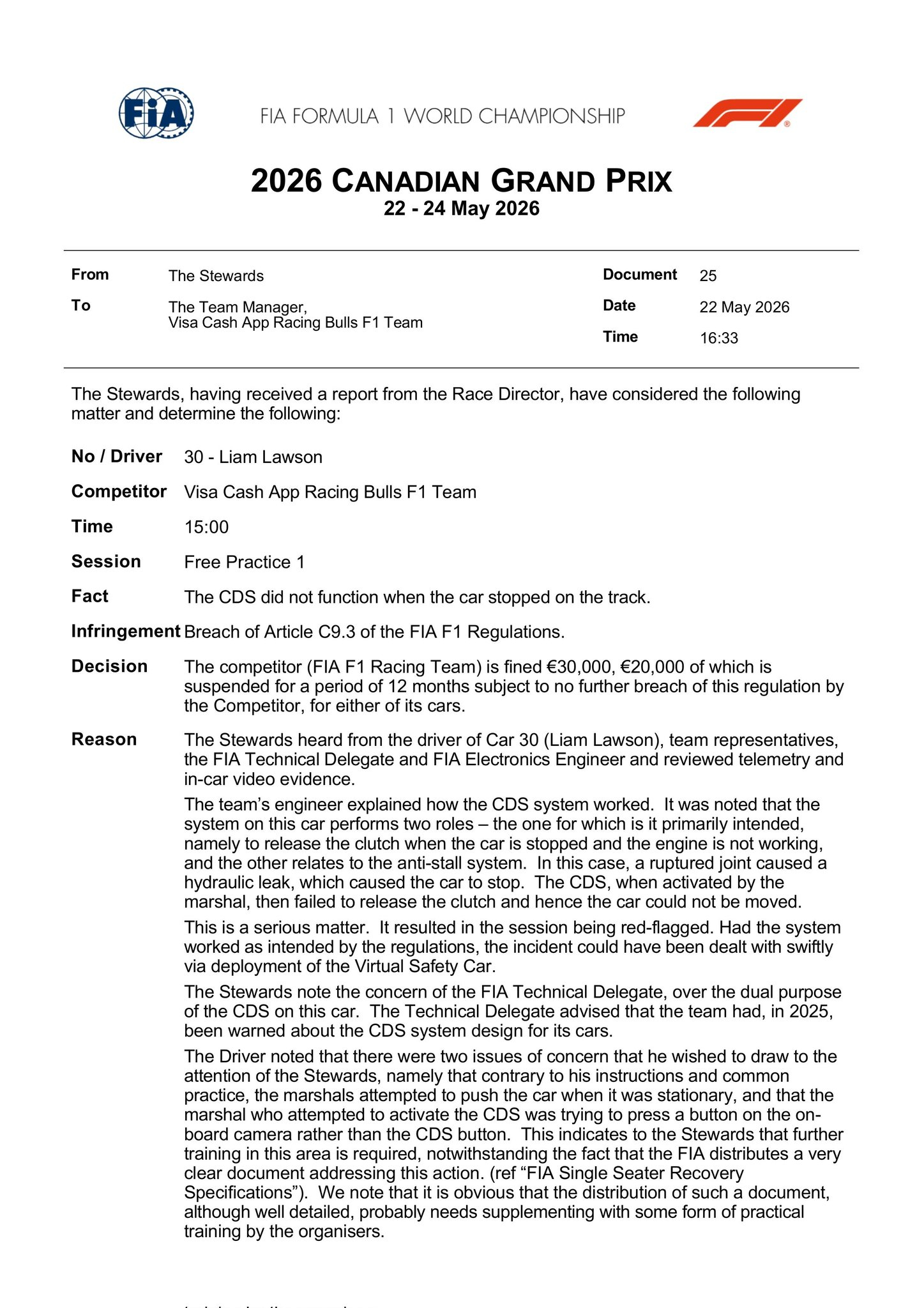 f1 利亚姆·劳森赛车出现液压故障，在FP1引发了红旗。值得一提的事，由于CDS