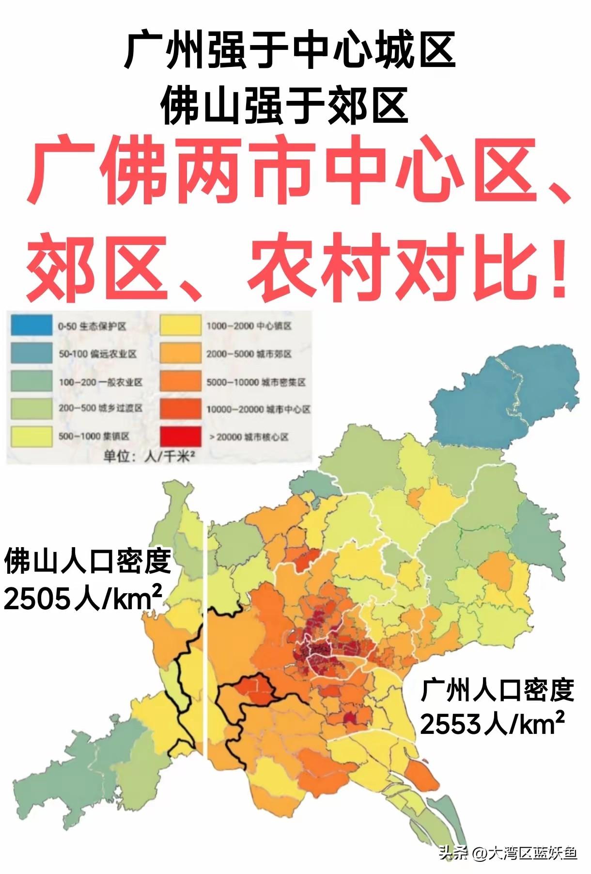 广佛这对“兄弟”，人口密度看着差不多，内里差别可大了去了。
 
广州中心区挤得像