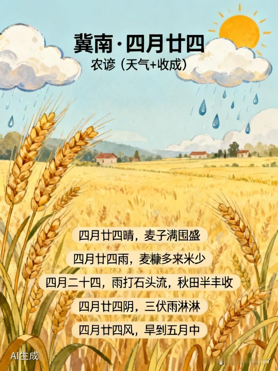 🌾 冀南·四月廿四 农谚（天气+收成）
1. 四月廿四晴，麦子满囤盈
——此日