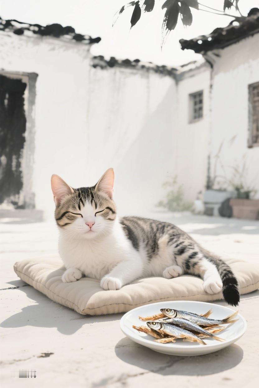 AI随心绘午后小院，猫咪蜷于软枕，身旁是鱼干。在平凡里寻那抹惬意，悠然自乐。