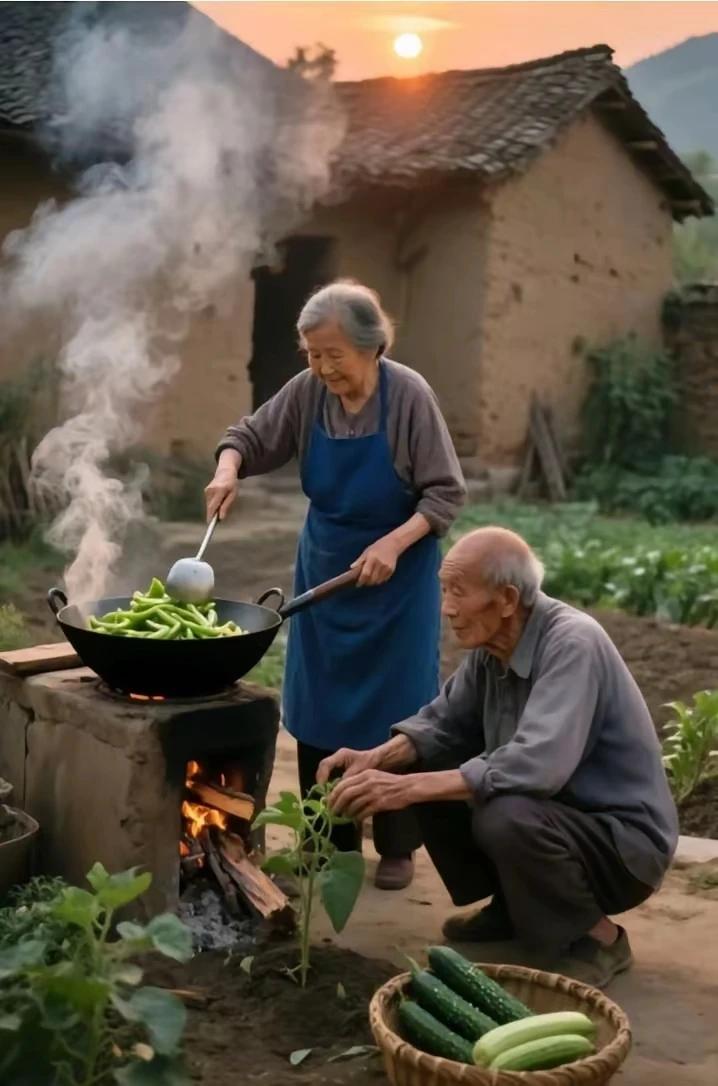 房屋简陋庭院宽，
 铁锅土灶搭一边。
 烧火炒菜冒油烟，
乡土气息美味鲜。