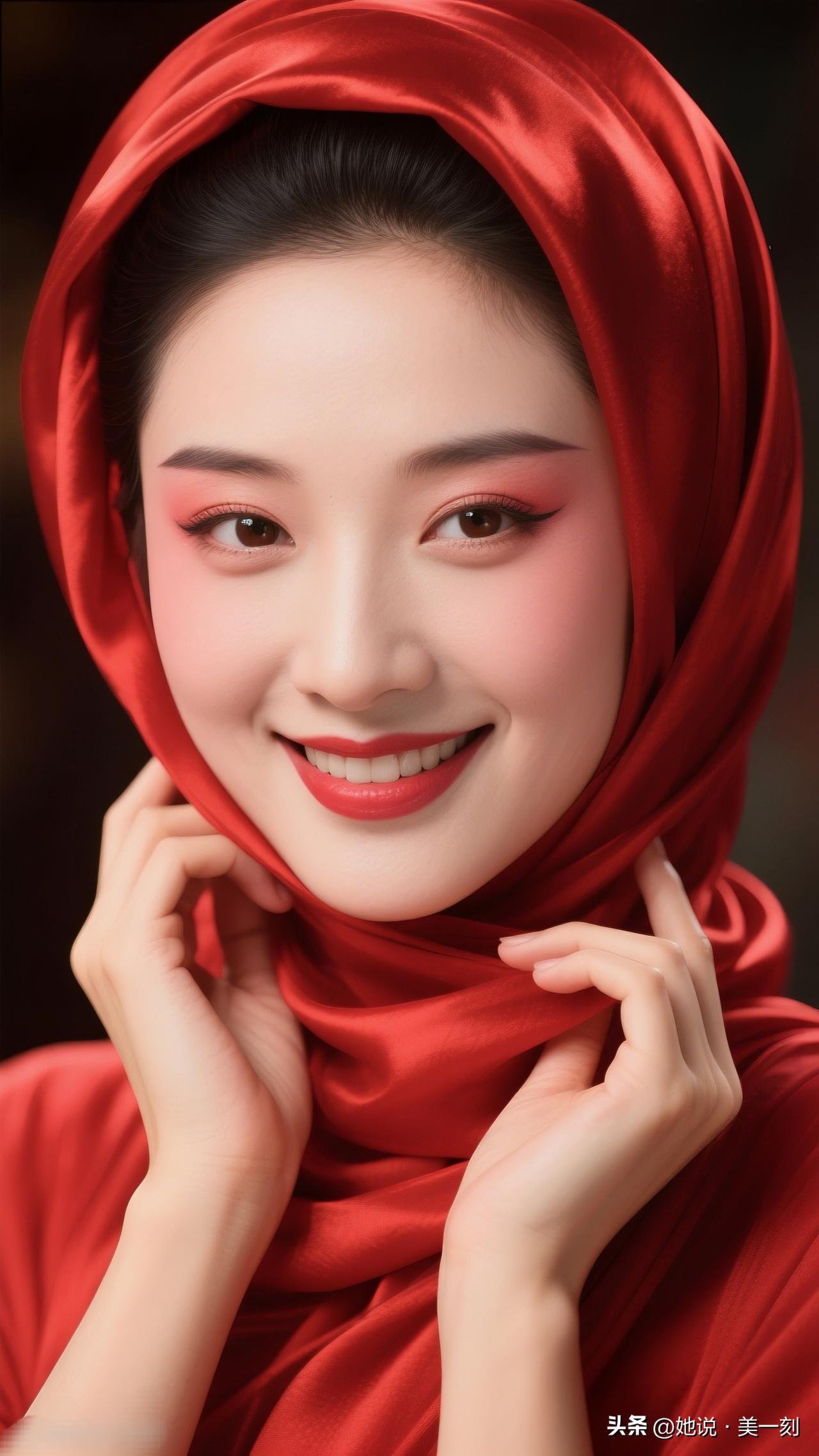 优雅红衣女子，微笑动人，美不胜收！在你心里什么样的女人最漂亮