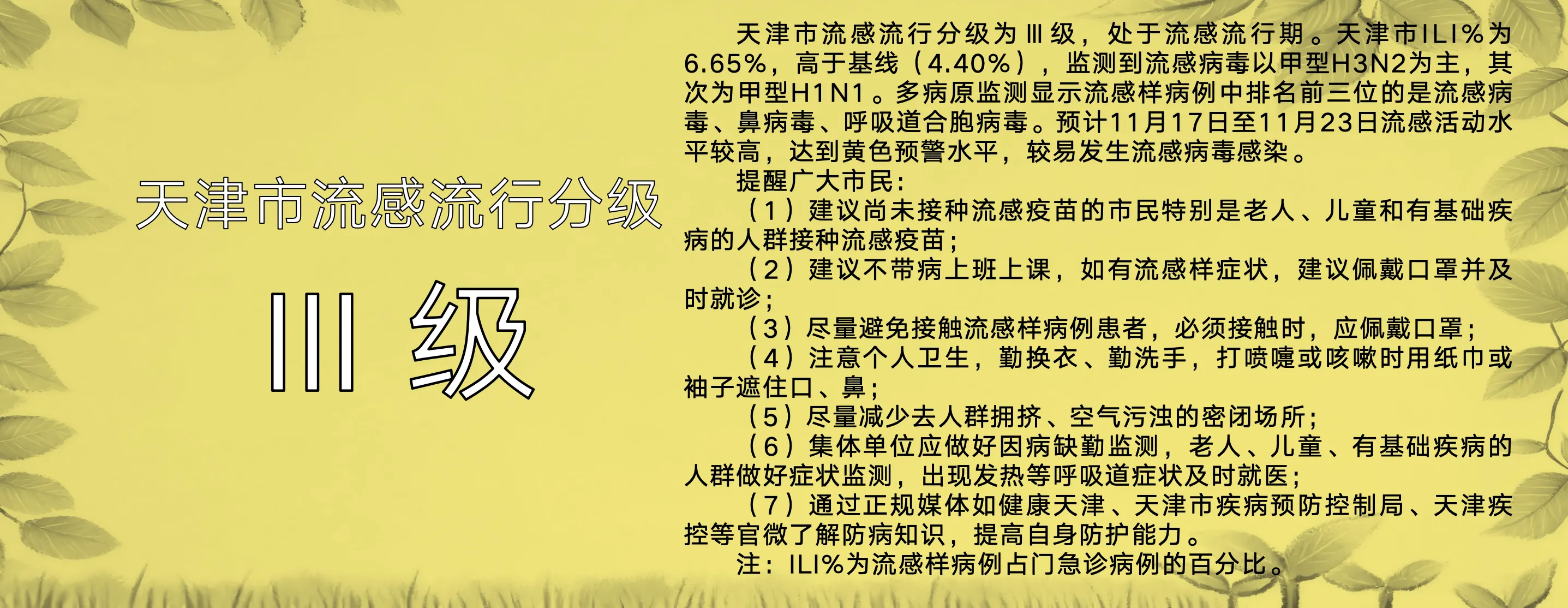 11月17日深夜，天津市疾病预防控制局发布流感分级预警周报。天津市流感流行分级为