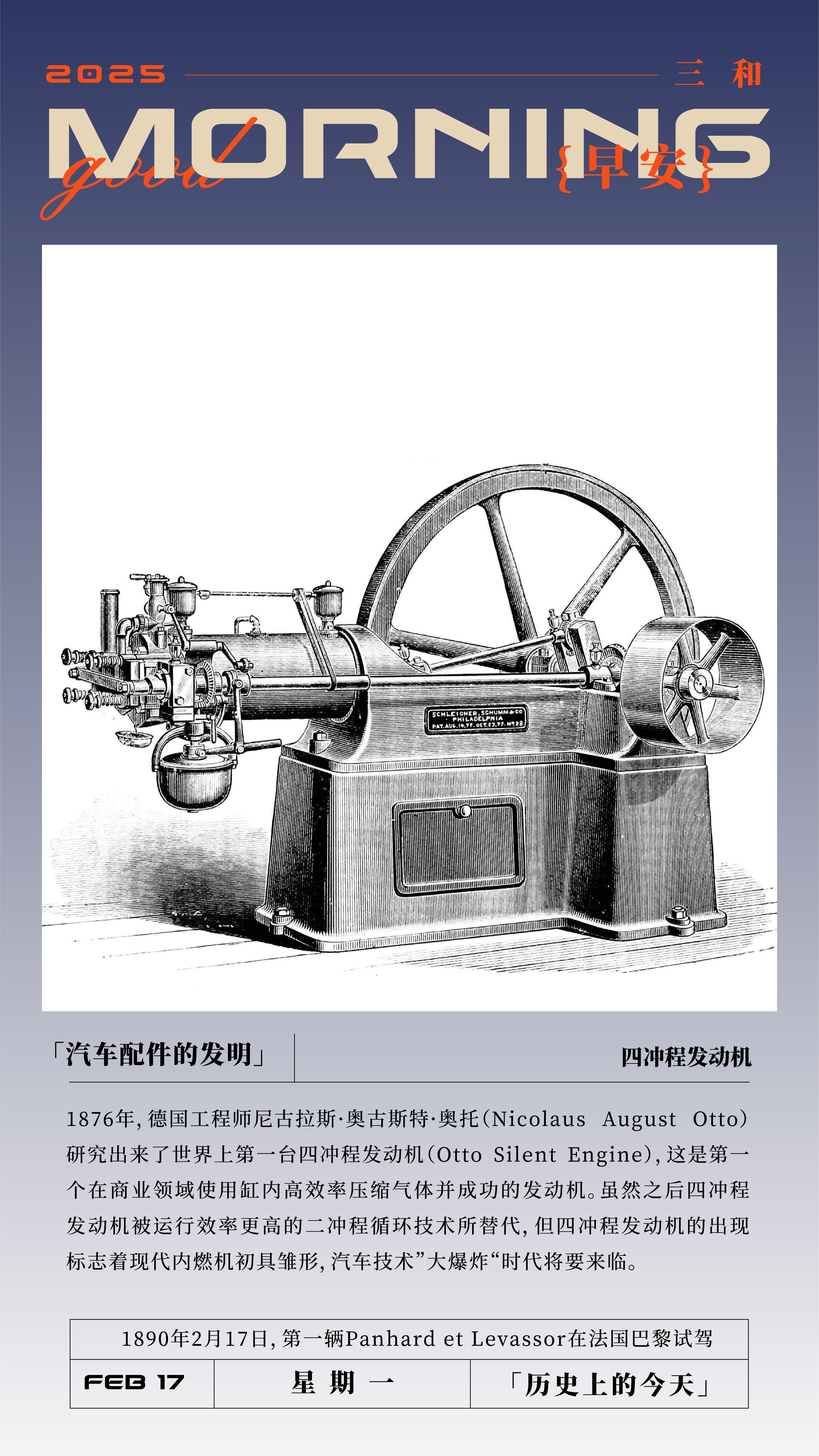 早安！汽车配件的发明四冲程发动机1876年,德国工程师尼古拉斯·奥古斯特·奥托(
