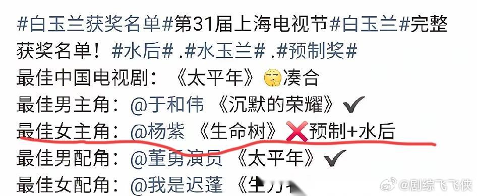 有点无语， 我也想不通， 为什么有些网友对于杨紫的恶意如此之大。 第31届白玉兰