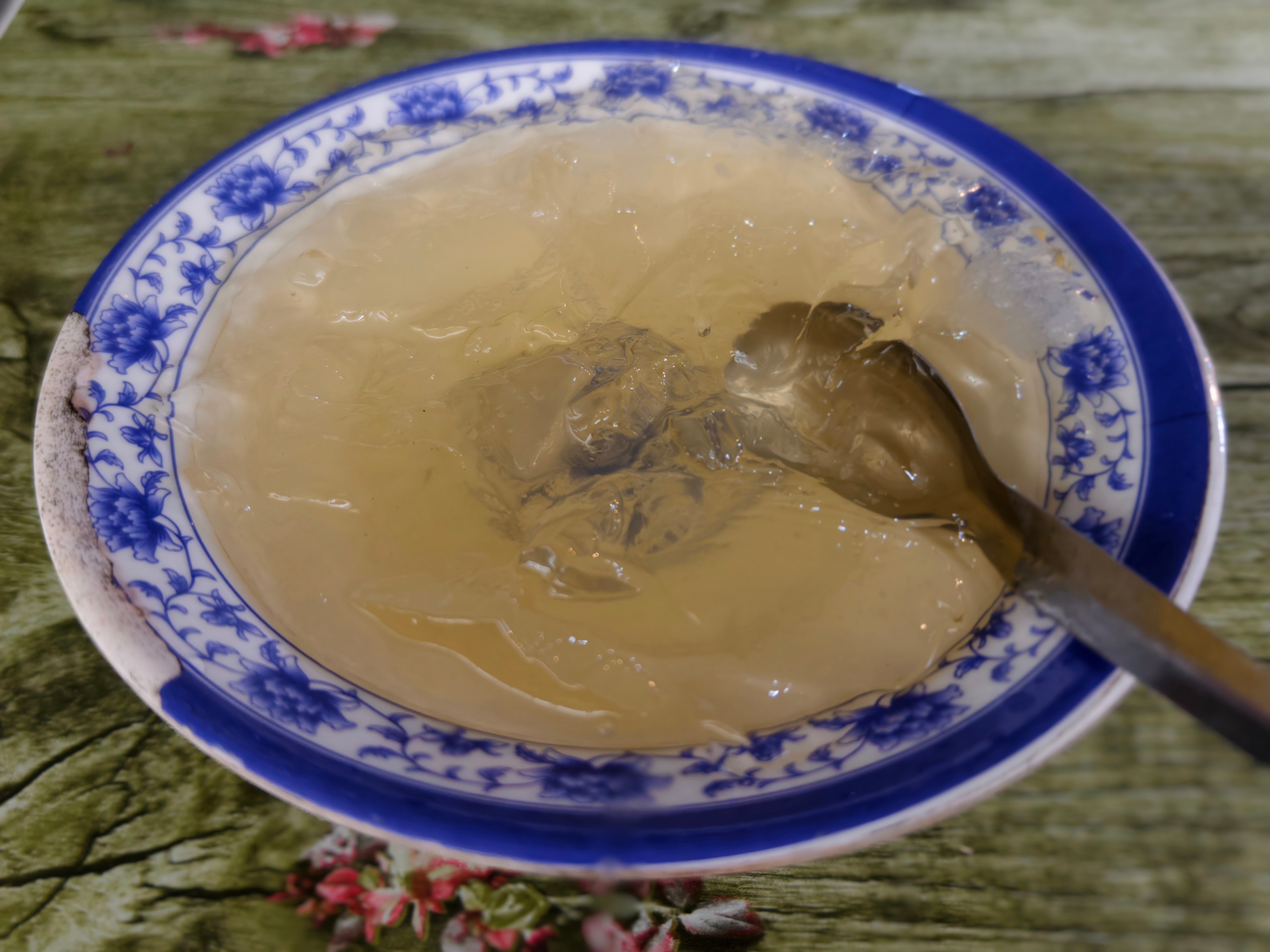 路边吃了碗信阳石凉粉，甜的，薄荷味，感觉是另一种冰粉。只要三块钱，这么一大碗，离