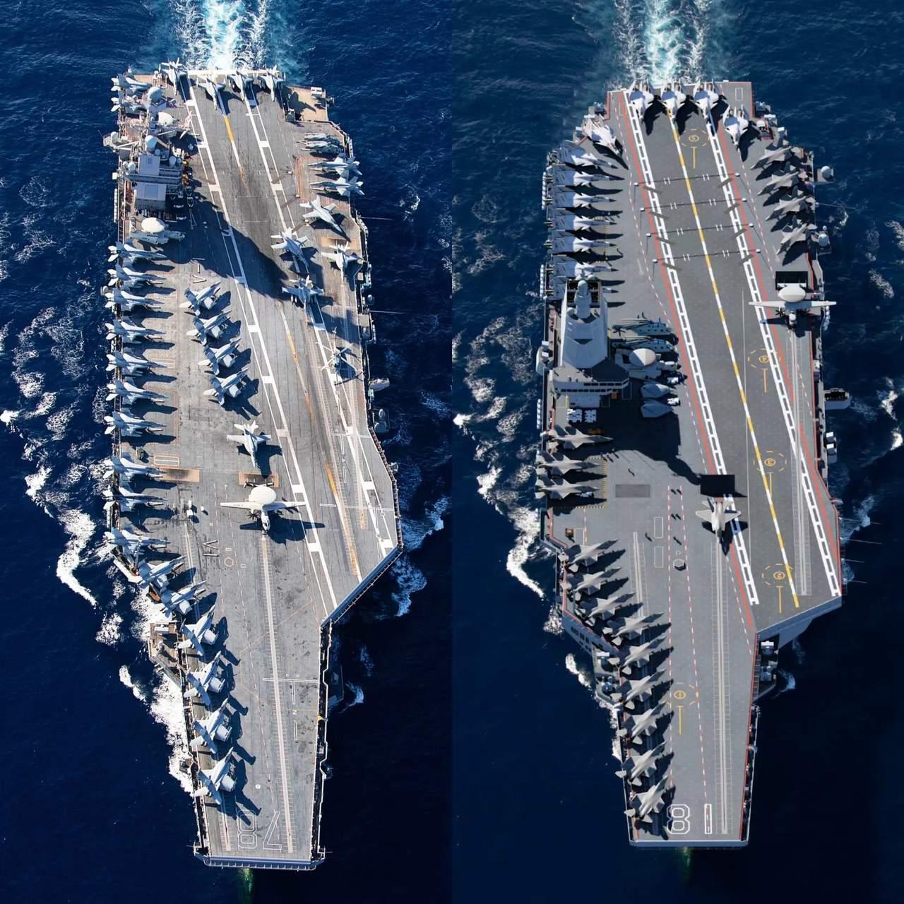 美国福特号核动力超级航母和中国福建舰对比图如下。003a型航母 中美航母战力 福