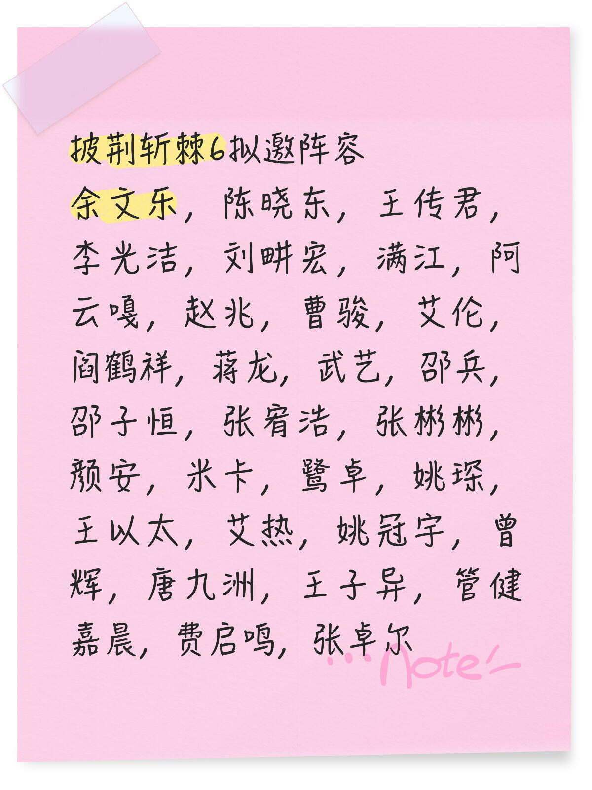 披荆斩棘6拟邀阵容余文乐，陈晓东，王传君，李光洁，刘畊宏，满江，阿云嘎，赵兆，曹