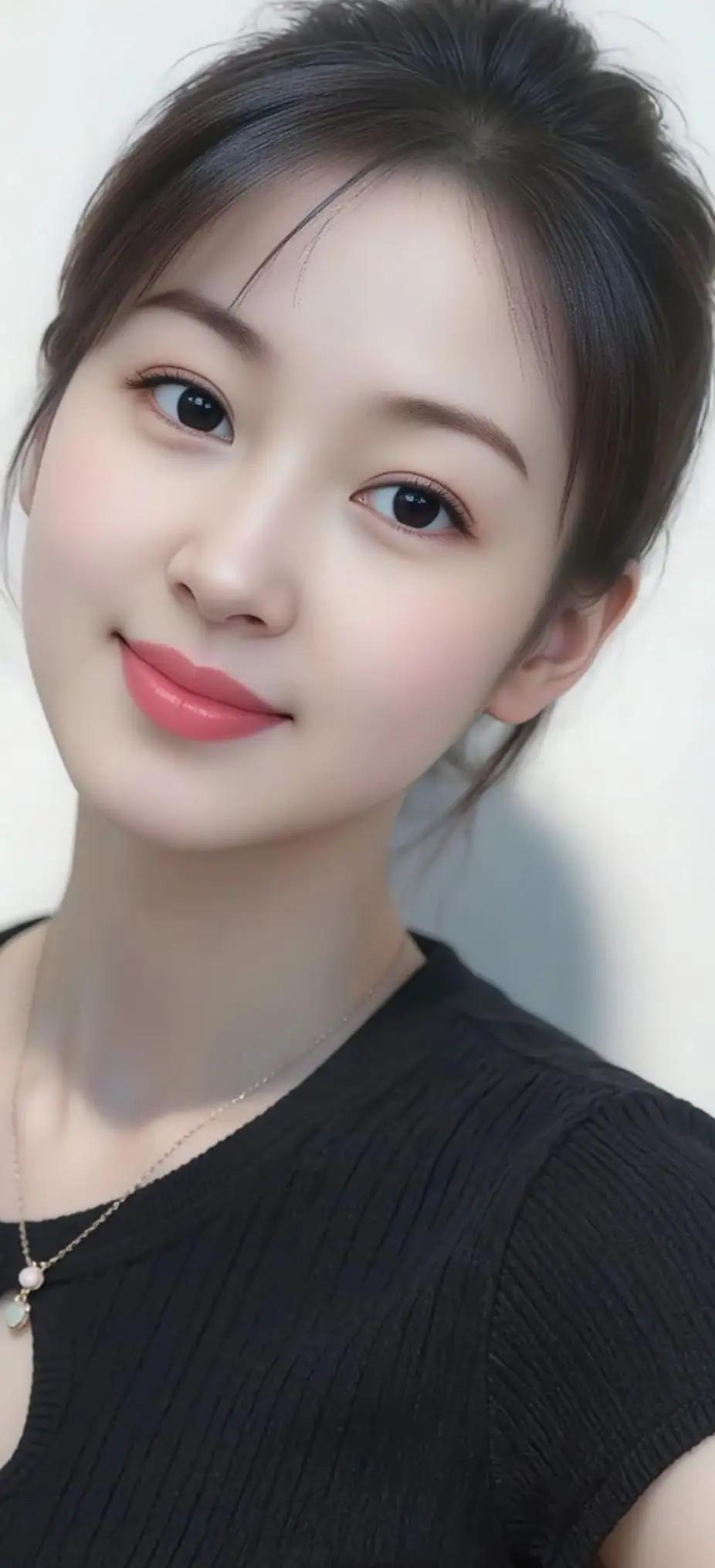 甜美微笑，温柔如水，黑发红唇，优雅迷人。