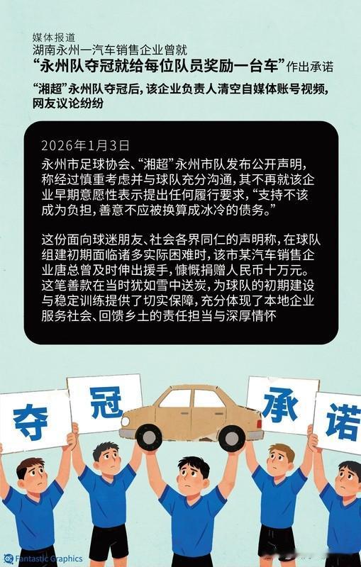 官方回应永州女老板夺冠送车未兑现 1月3日，永州市足球协会和“湘超”永州市队回应