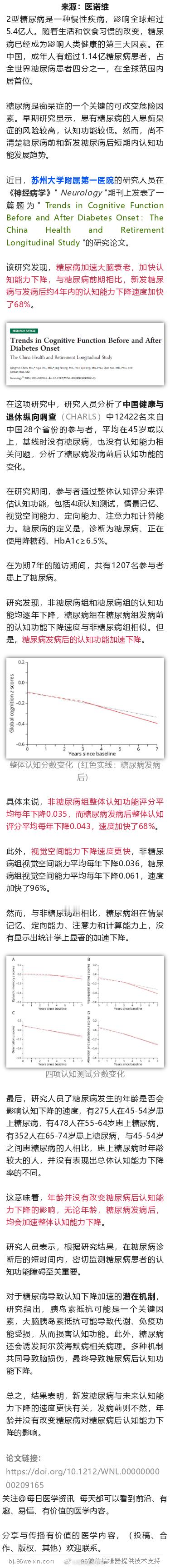 苏州大学研究发现，糖尿病加速大脑衰老，认知下降速度加快68%近日，苏州大学附属第
