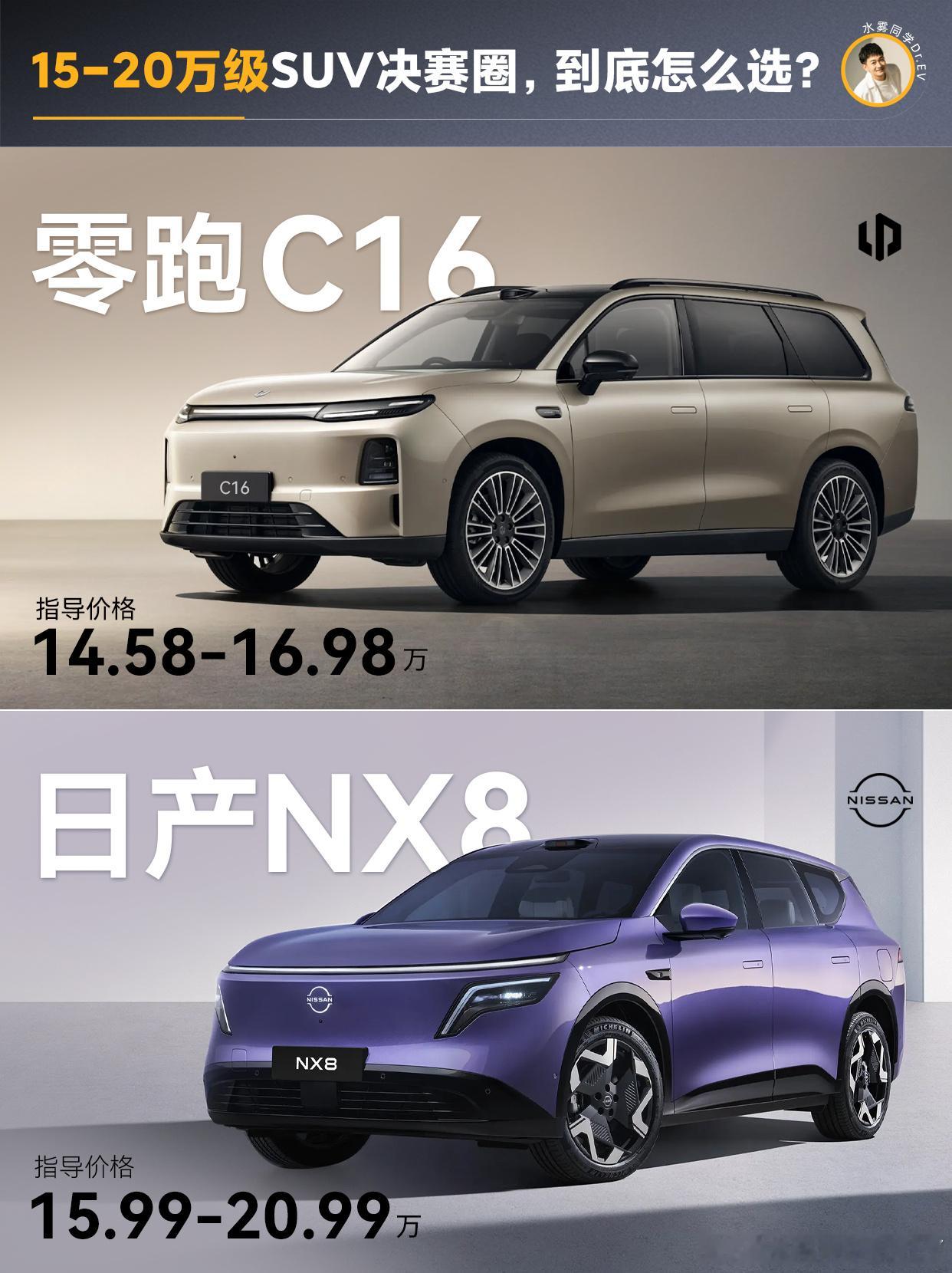 预算15到20万，想买一台大五座SUV，零跑全新C16和日产NX8应该是很多家庭