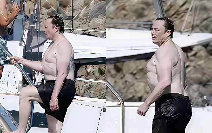 马斯克这身材是真没藏着掖着，照片里肚子明显凸出来，T恤都快兜不住，谁能想到这是执