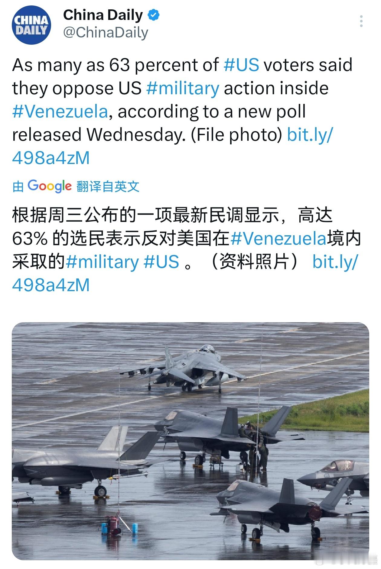 周三发布的一项最新民调显示，多达63%的美国选民表示反对美国在委内瑞拉境内采取军