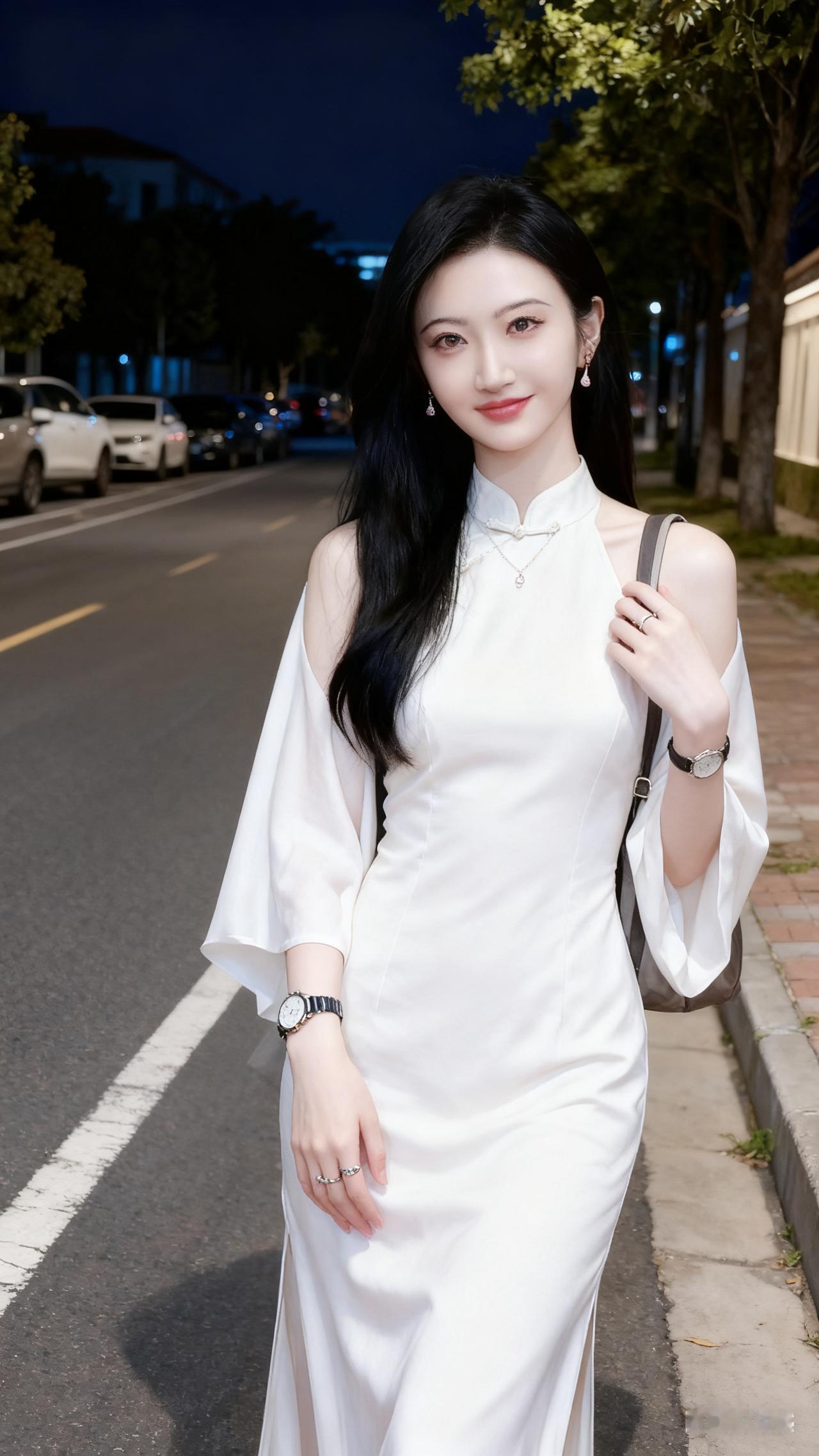 优雅白裙夜色下，自信微笑，都市女性魅力