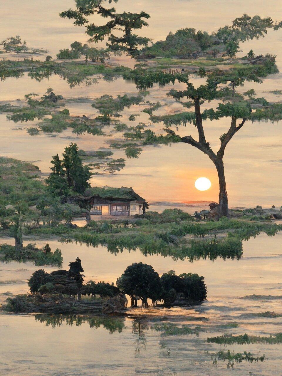 烟波淡荡摇空碧，楼殿参差依夕阳。 ​​​
