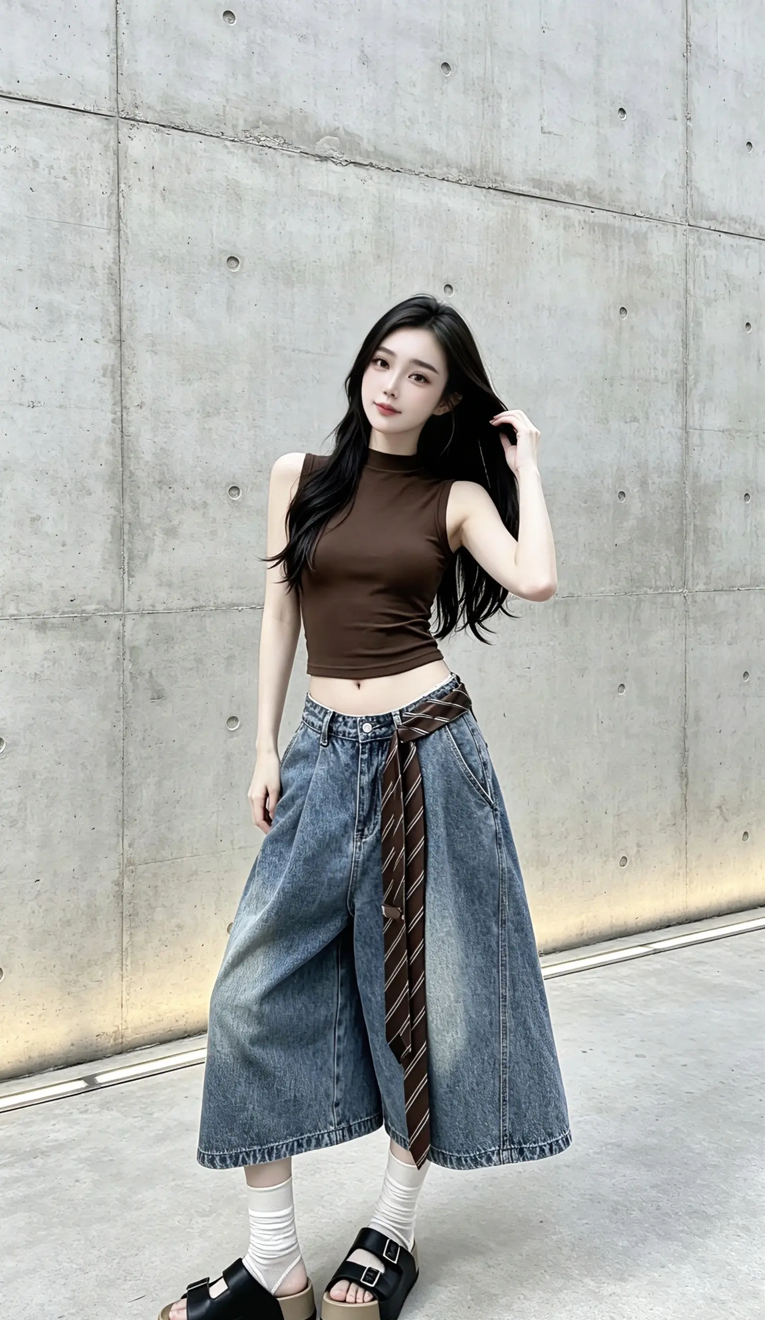 高腰显瘦复古阔腿牛仔裤 阔腿牛仔裤辣妹穿搭 背心牛仔裤套装阔腿牛仔裤辣妹穿搭