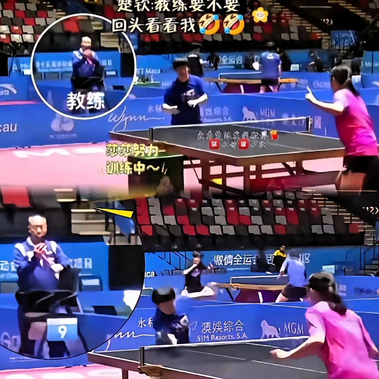 头哥选位置我是服气的！
昨天训练又悄悄挨着莎莎，
结果直接给关指导创造了拍莎莎的