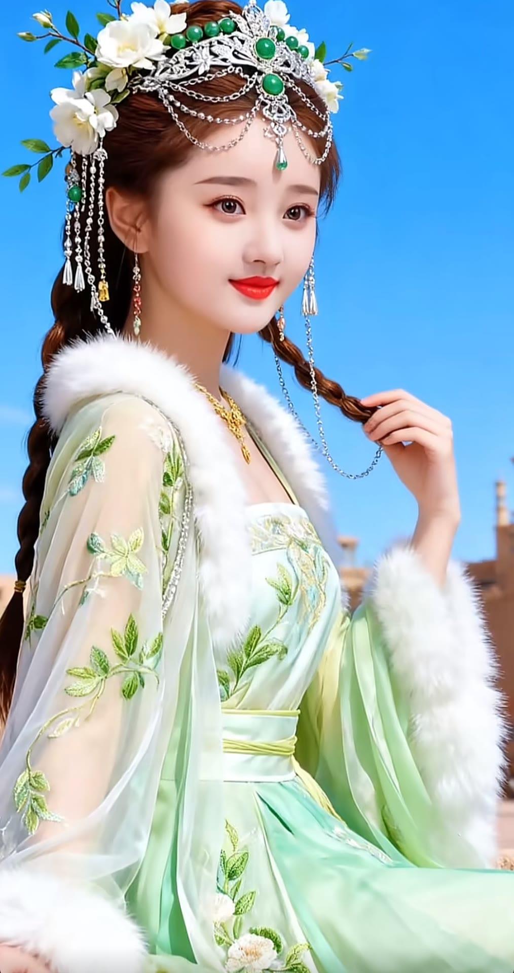 梦幻古风少女，花环点缀，绿衣飘逸，宛如画中仙子。