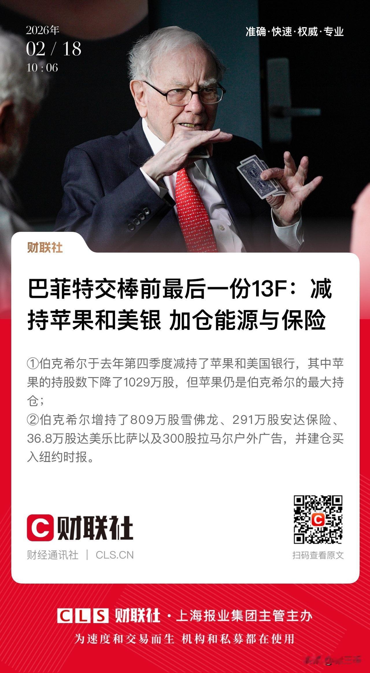 巴菲特交棒前最后一份持仓报告！
大手笔减持苹果公司、美国银行、亚马逊，
加仓雪佛