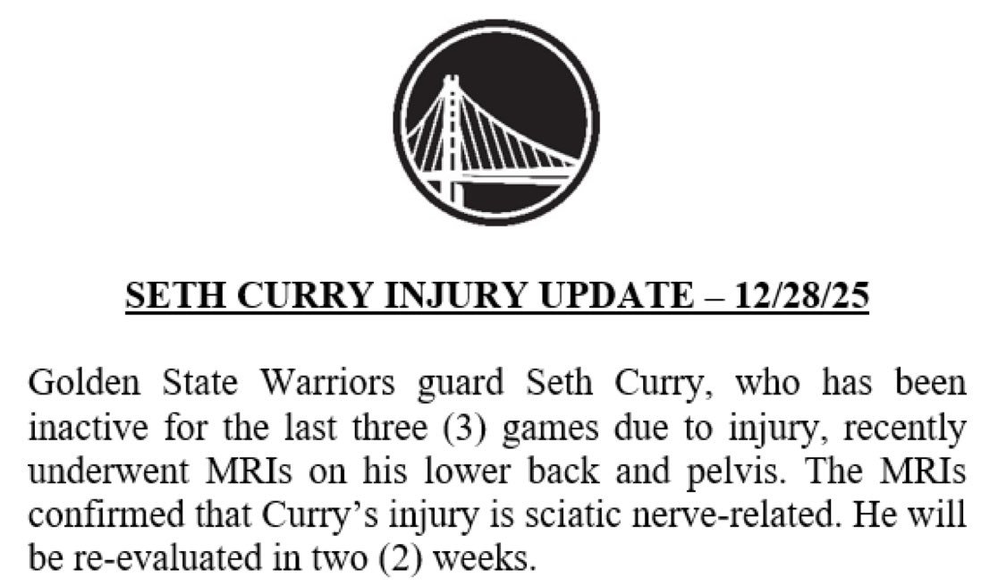 塞斯核磁共振检查结果显示他患有与坐骨神经相关的损伤。两周后他将接受复查。勇士vs