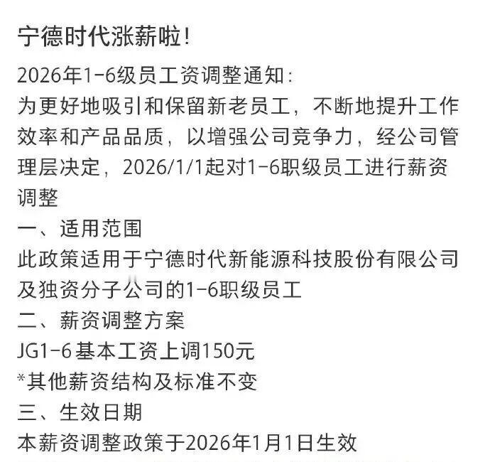 宁德时代涨薪150元，打工人为啥在意？
宁德时代给1-6级基层涨薪150元，20
