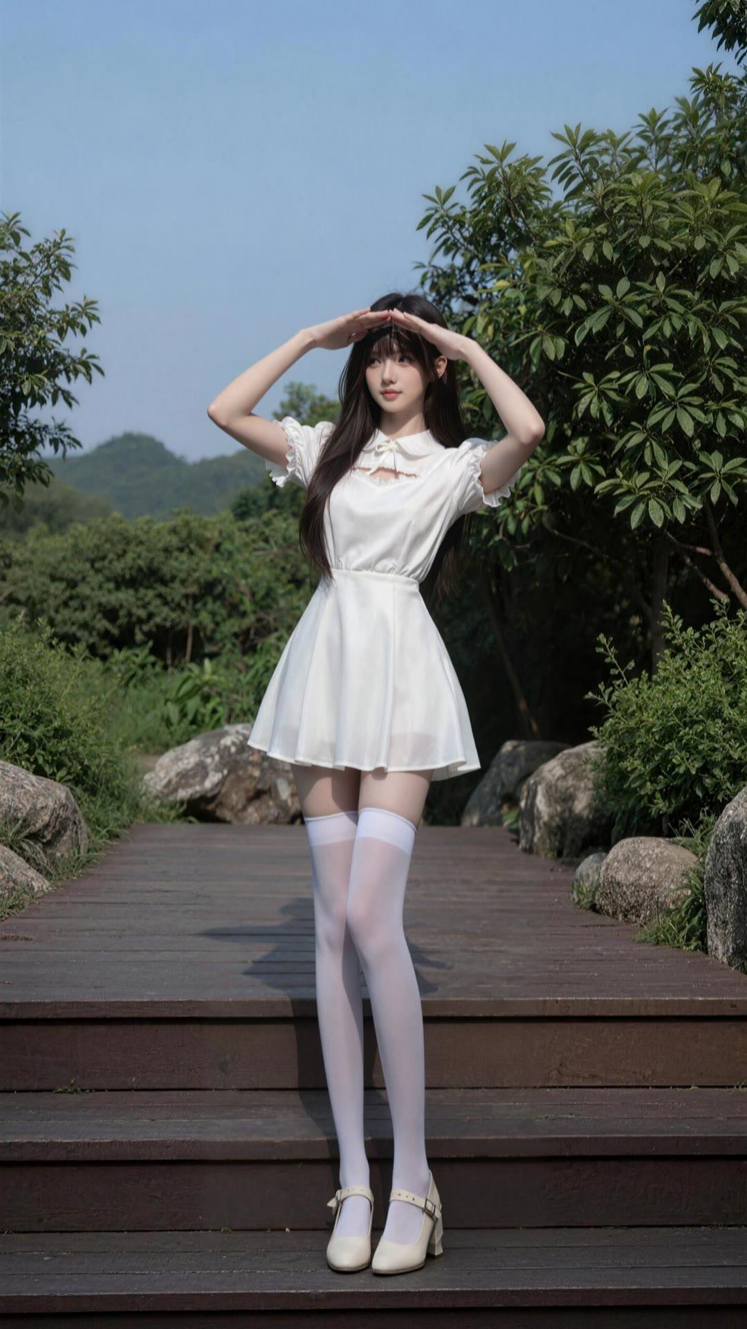 夏日清新少女，白色连衣裙，绿意盎然背景，阳光明媚，甜美可爱。