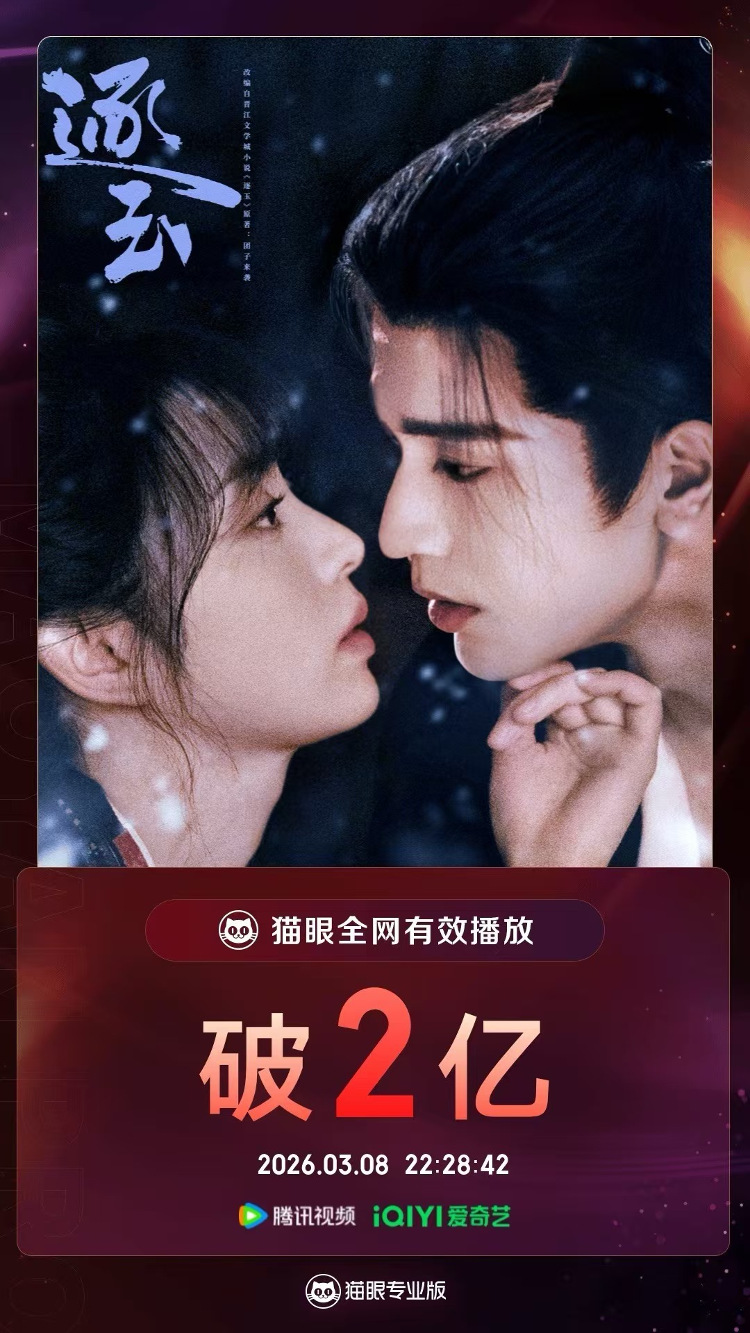 逐玉有效播放量破2亿 据猫眼专业版数据，（排名不分先后）领衔主演网络剧《逐玉》开