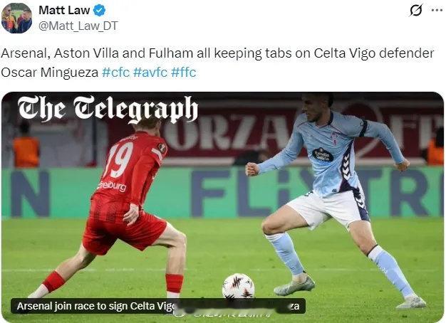 电讯报记者ML消息，阿森纳加入了维拉、富勒姆等队对明格萨的争夺。26岁的明格萨与