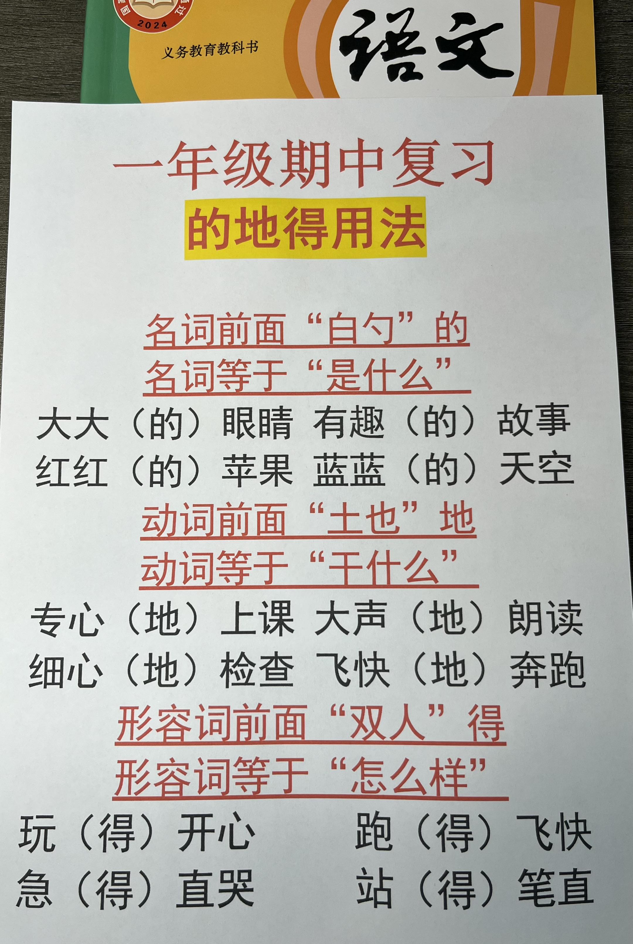 一年级下册语文期中复习的地得的用法，家长收藏起来，带着孩子区分一下！