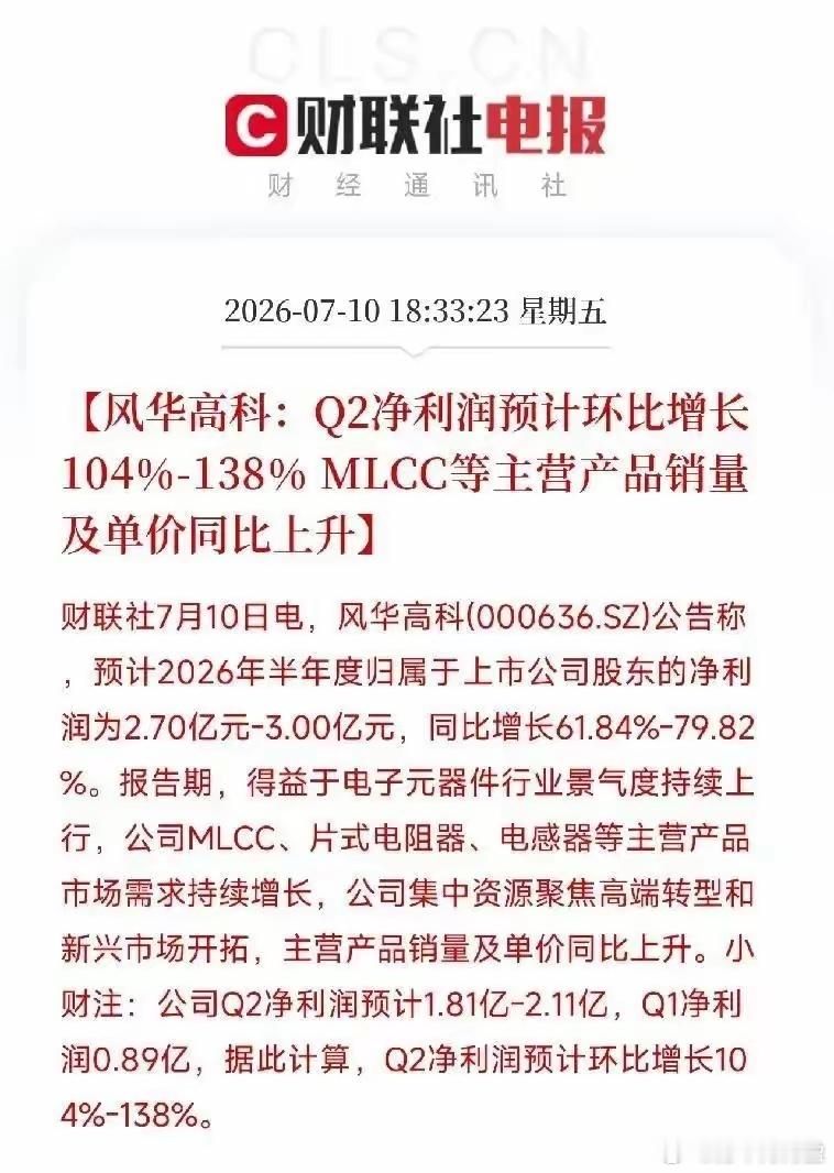 周五收盘后，风华高科甩出一份业绩预告，净利润直接报到2.7亿到3亿元，跟去年比涨