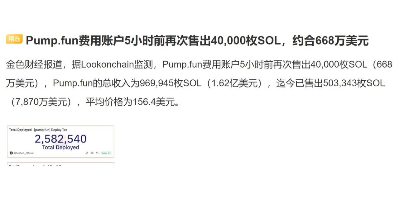 Pump.fun费用账户5小时前再次售出40,000枚SOL，约合668万美元