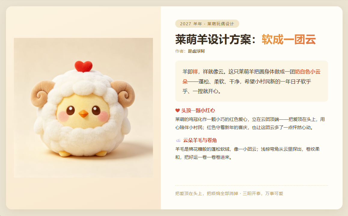 设计了一款莱萌的羊年造型~[羞嗒嗒]这只莱萌羊把圆身体做成一团奶白色小云朵——蓬
