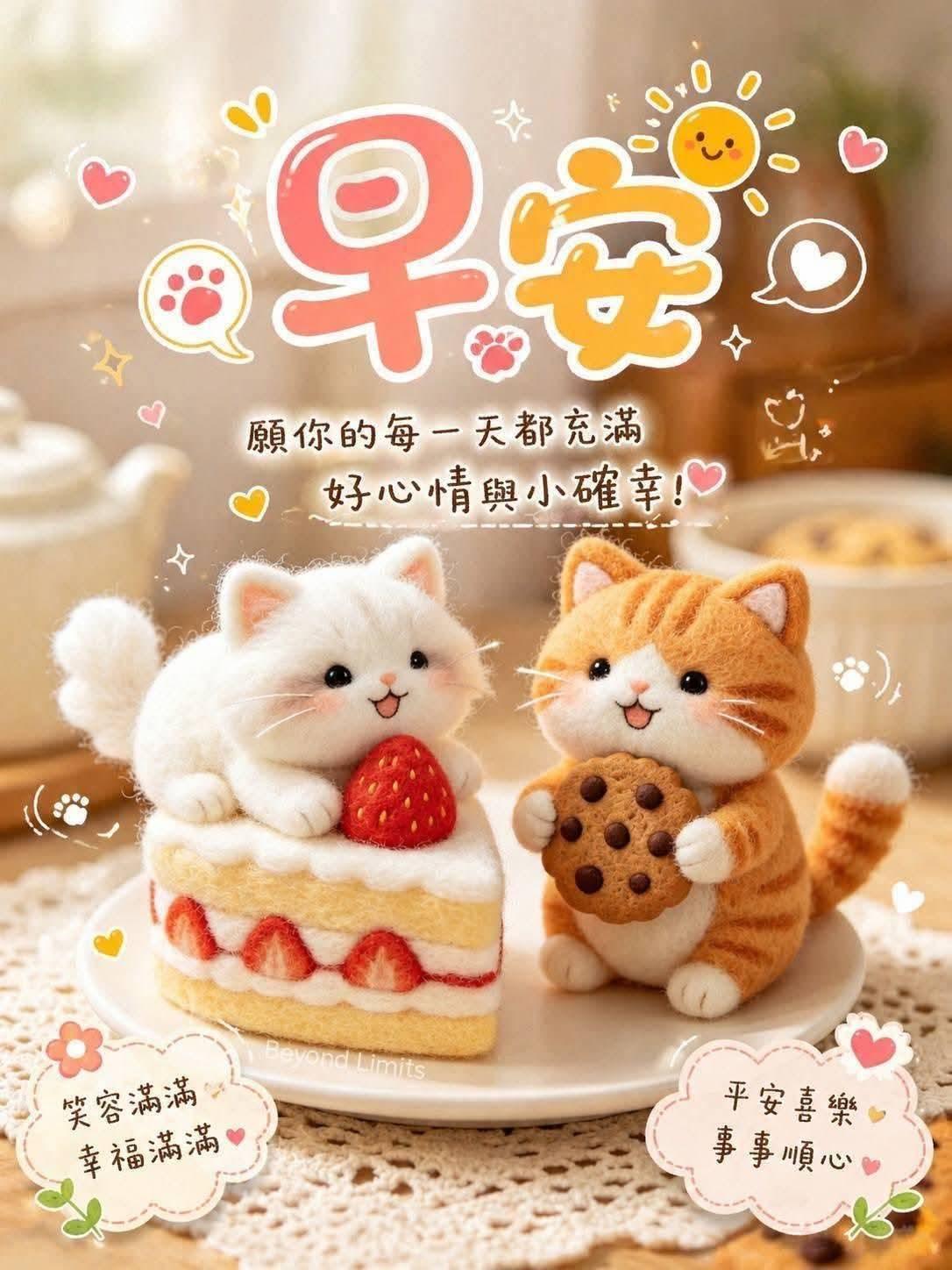 清晨治愈羊毛毡小猫，愿大家晨起心安，万事顺遂✨软绒小猫伴甜糕，
一缕晨光入窗梢。