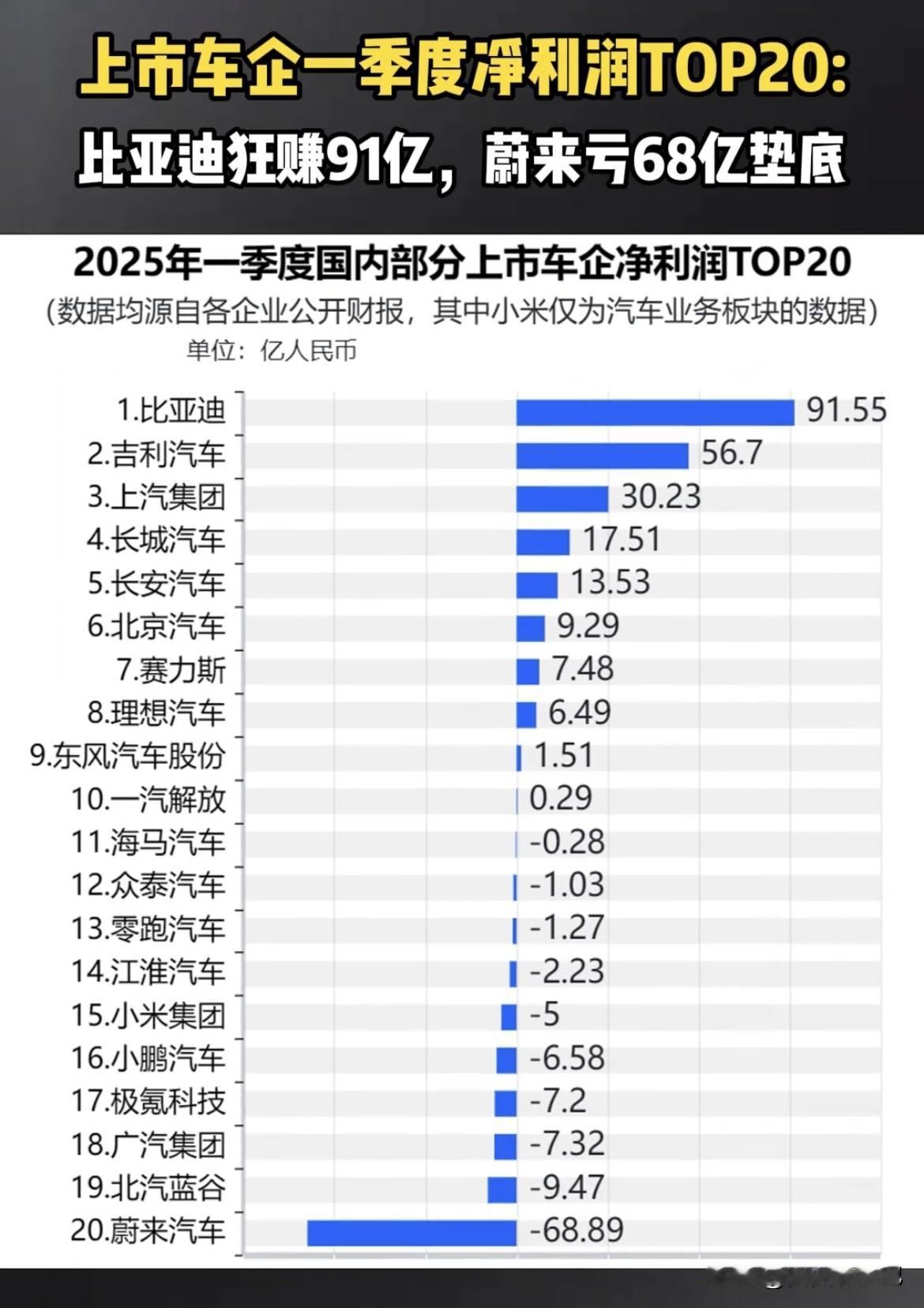 2025年车企一季度净利润TOP20：比亚迪狂赚91亿，蔚来亏损68亿垫底！
增
