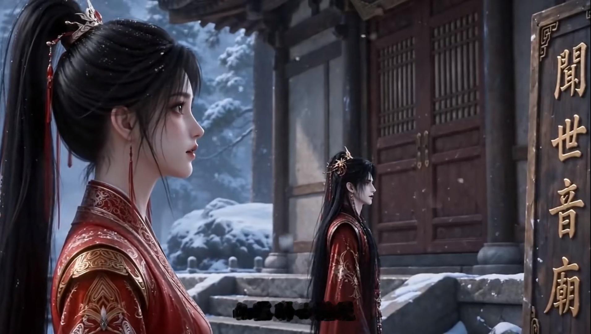 这雪景一出来，闻世音庙那场戏确实抓人。红衣俩人凑一块儿，看着在拌嘴，其实都在试探