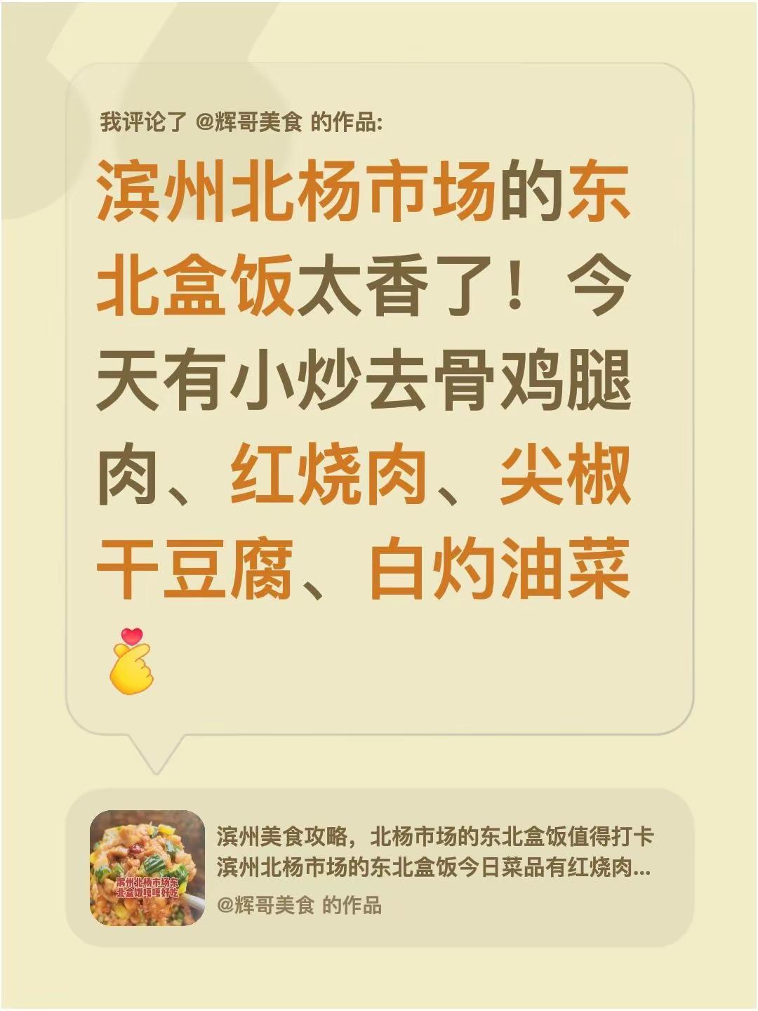 我评论了@辉哥美食 的作品：滨州北杨市场的东北盒饭太香了！今天有小炒去骨鸡腿肉、