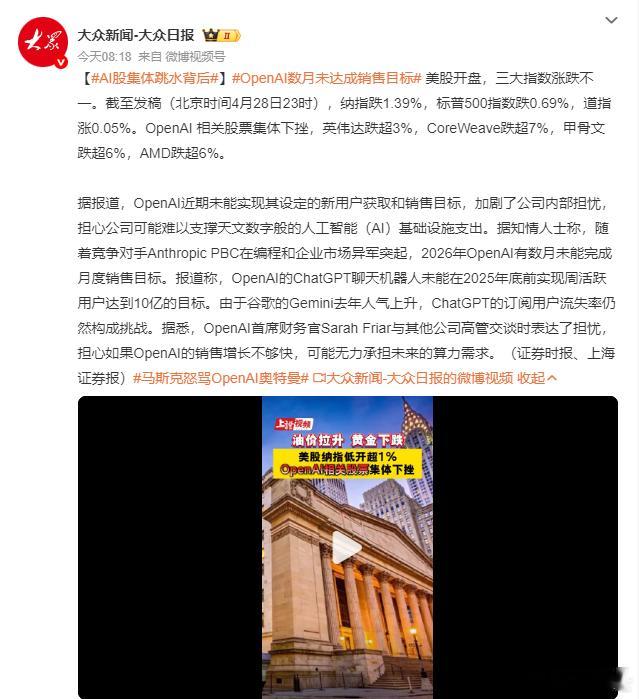 AI股集体跳水背后OpenAI数月未达成销售目标美股AI板块昨晚集体崩盘，英伟达
