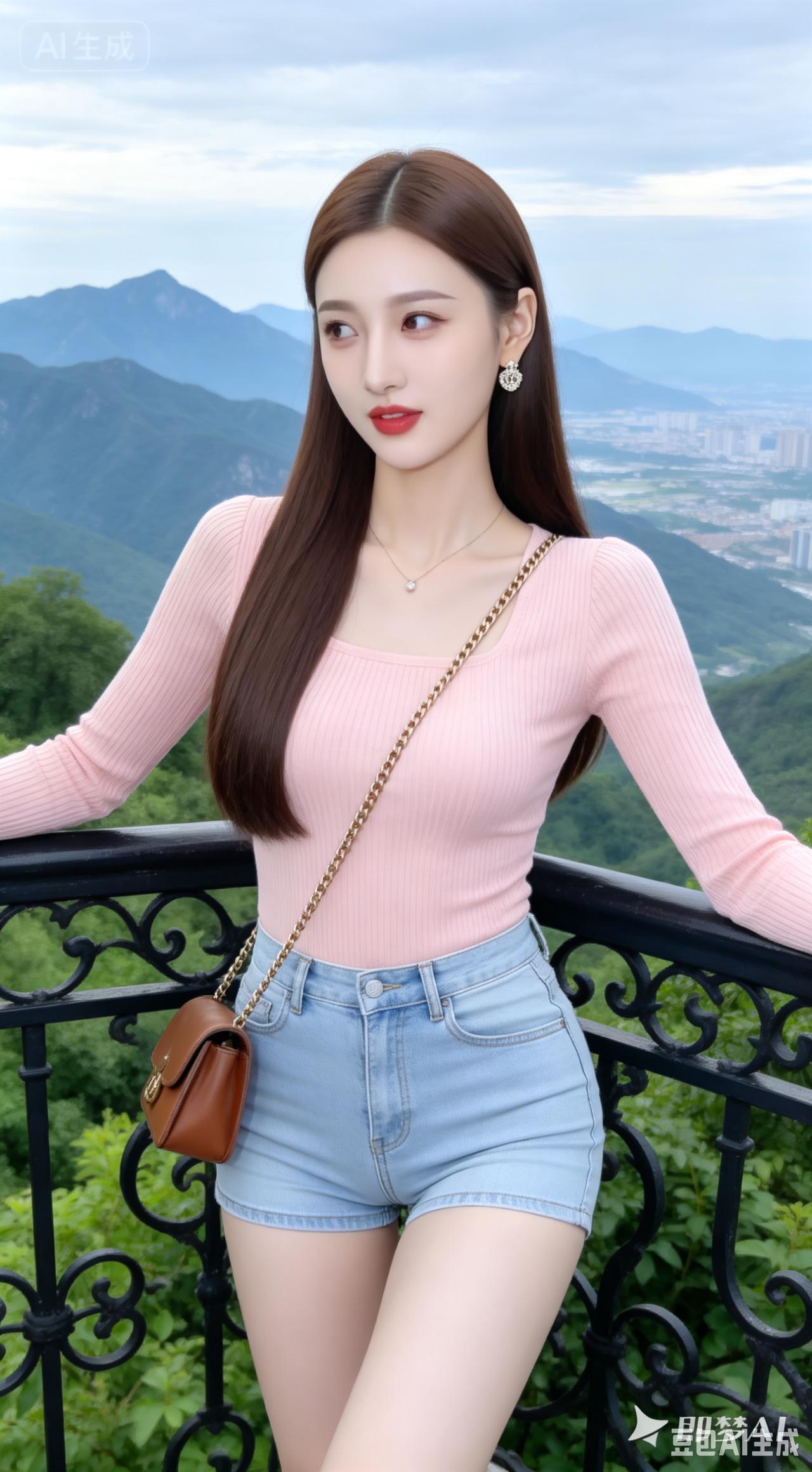 风景美如画，她站在栏杆边。