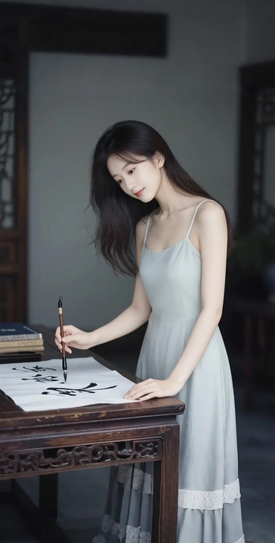 AI扩图 AI书案间的少女