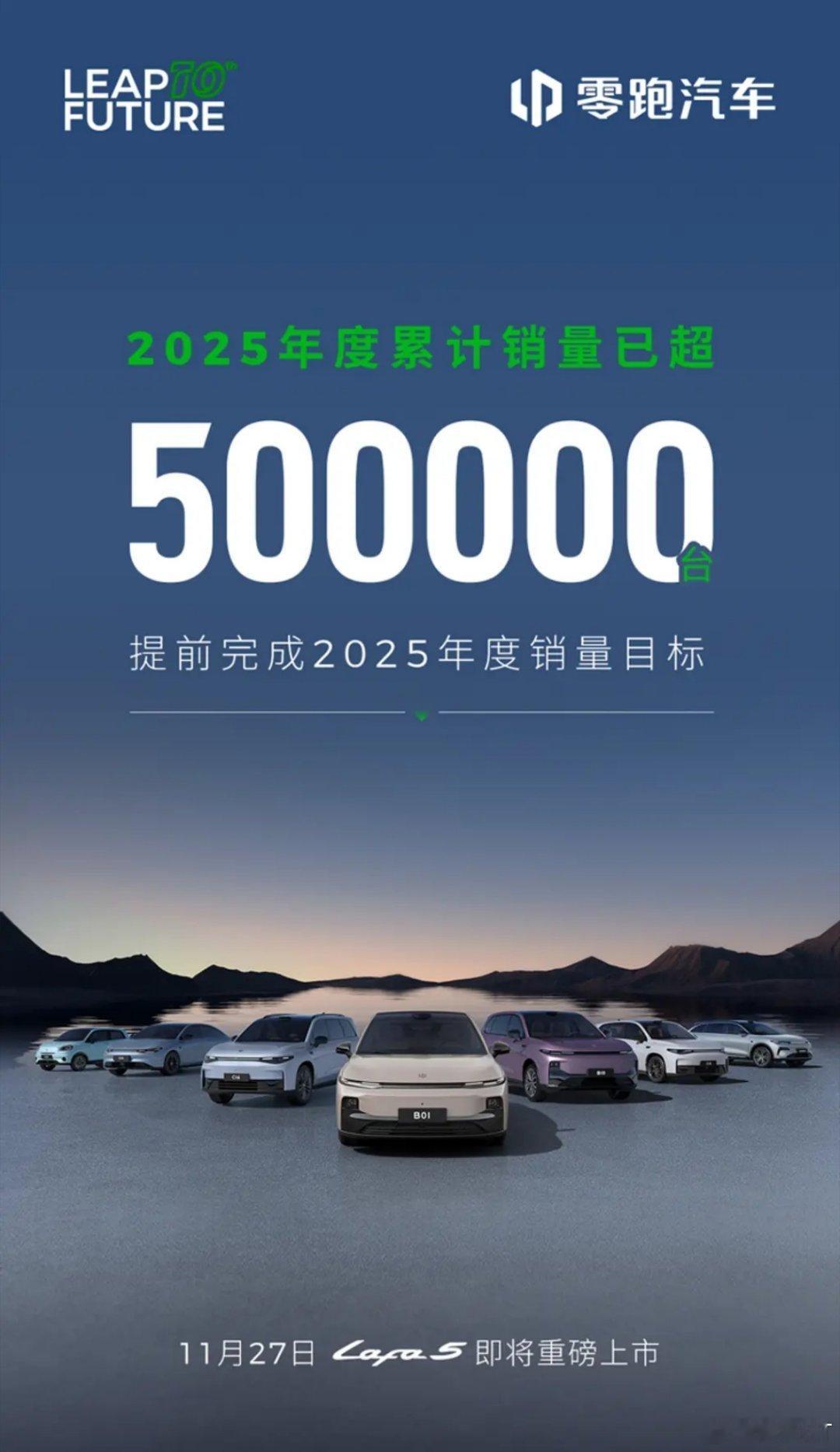 零跑汽车今年累计销量突破50万台，提前完成年度销量目标。零跑Lafa5将提前至1