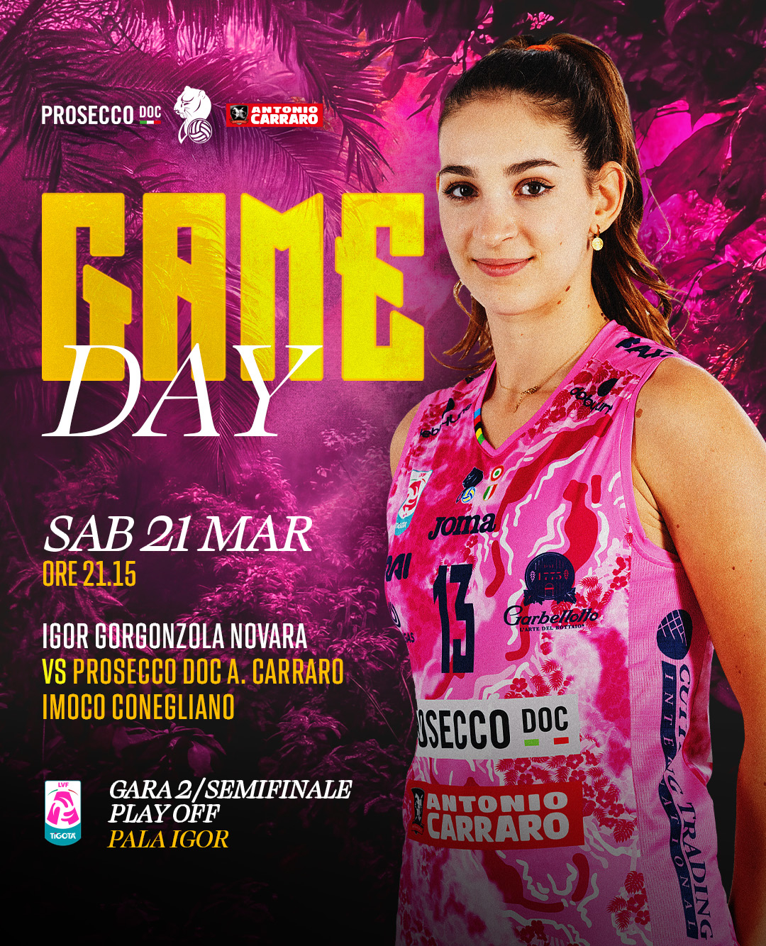 明天凌晨4点15，科内利亚诺做客诺瓦拉，进行意甲半决赛第二回合比赛，朱婷和德吉纳