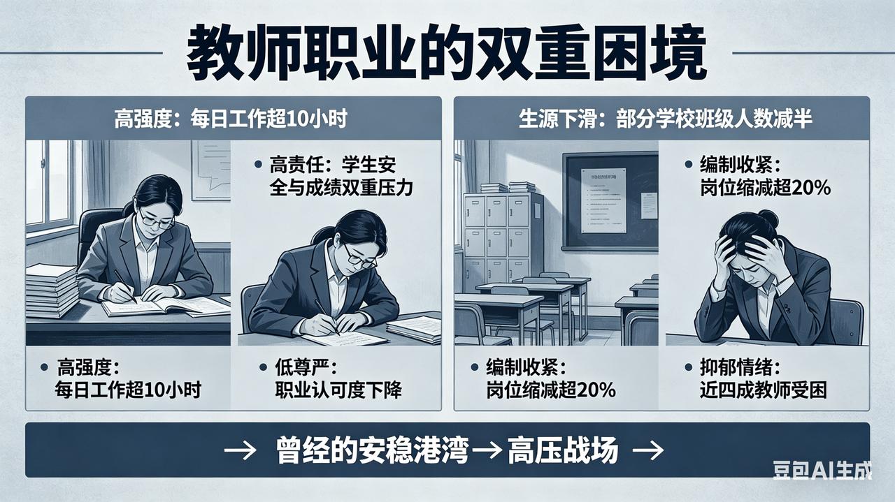 教师之困：光环褪色，铁饭碗难安
 
曾被视作安稳象征的教师职业，正陷入前所未有的