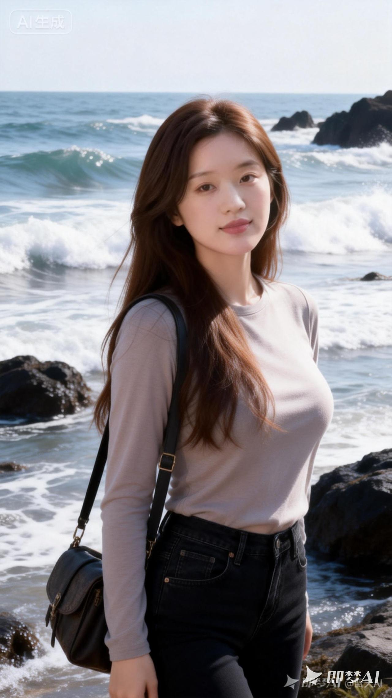 纯欲风，美女，御姐风，胸形饱满，唯美迷人，注视着镜头浅笑，，棕色长发，时尚前卫，