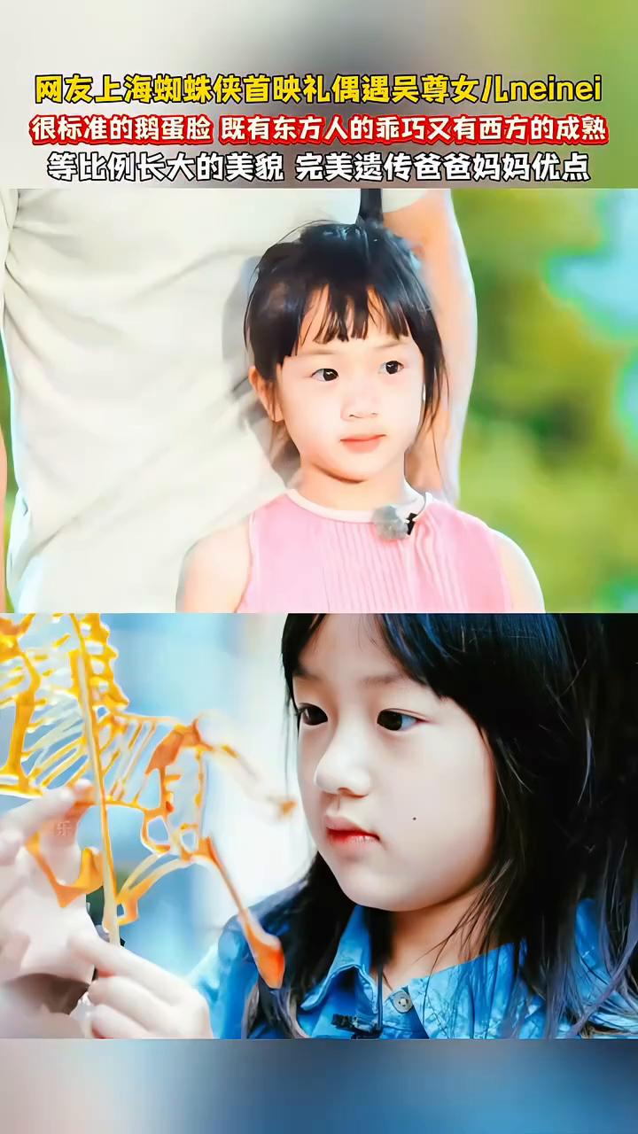 网友上海蜘蛛侠首映礼偶遇吴尊女儿neinei，很标准的鹅蛋脸，既有东方人的乖巧又